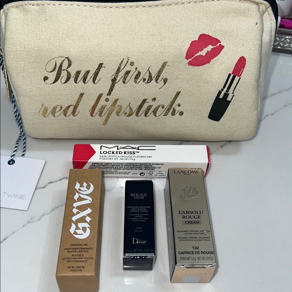 NEW Luxury Red Lipsticks & Cosmetic Bag MAC Cosmetics, Lancome, Give and Dior